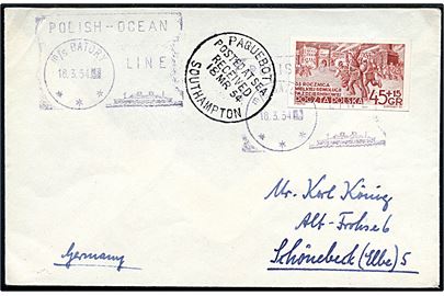 45+15 gr. Velgørenhed på brev annulleret med skibsstempel Polish-Ocean Line M/S Batory d. 18.3.1954 og sidestemplet Paquebot Posted at Sea Received Southampton d. 18.3.1954 til Schönebeck, Tyskland.