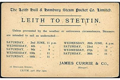 ½d Victoria helsagsbrevkort fra Leith d. 30.5.1900 til Fraserburgh. På bagsiden tryks meddelelse fra The Leith Hull & Hamburg Steam Packet Co. med sejlplan for futen fra Leith til Stettin, Tyskland.