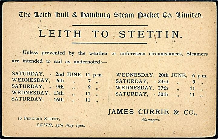 ½d Victoria helsagsbrevkort fra Leith d. 30.5.1900 til Fraserburgh. På bagsiden tryks meddelelse fra The Leith Hull & Hamburg Steam Packet Co. med sejlplan for futen fra Leith til Stettin, Tyskland.