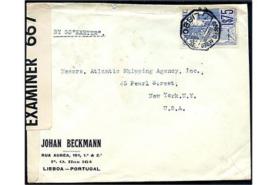 1$75 single på fortrykt kuvert fra Johan Beckmann, P.O.Box 164 i Lissabon d. 4.7.1941 til New York, USA. Åbnet af britisk censur PC90/667. Konsul Johan Beckmann og hans postboks 164 kendes brugt i forbindelse med undercover post til/fra det tysk besat Europa.