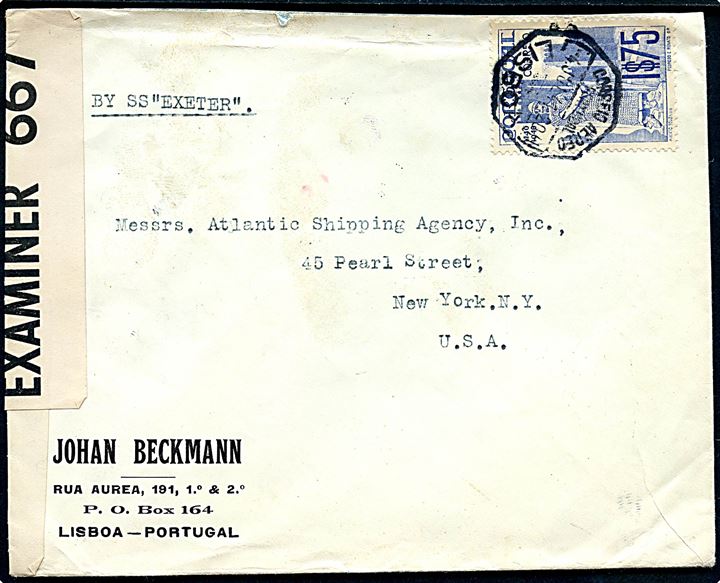 1$75 single på fortrykt kuvert fra Johan Beckmann, P.O.Box 164 i Lissabon d. 4.7.1941 til New York, USA. Åbnet af britisk censur PC90/667. Konsul Johan Beckmann og hans postboks 164 kendes brugt i forbindelse med undercover post til/fra det tysk besat Europa.