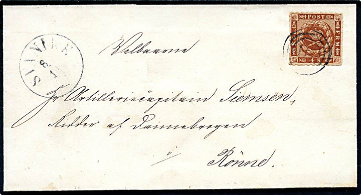 4 sk. stukken kant på brev annulleret med nr.stempel 111 og sidestemplet antiqua Svanike d. 8.11.1863 til Hr. Artillericaptain Siemsen, Ridder af Dannebrogen i Rønne.