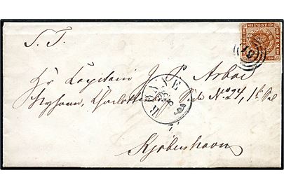 4 sk. stukken kant på brev med langt indhold annulleret med nr.stempel 61 og sidestemplet antiqua Rønne d. 28.8.1863 til Kaptain J. P. Arboe i Kjøbenhavn.