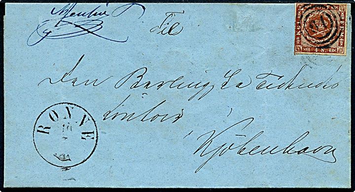 4 sk. 1858 udg. på brev med indhold annulleret med nr.stempel 61 og sidestemplet antiqua Rønne d. 10.7.1868 til Kjøbenhavn. 