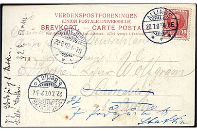 10 øre Fr. VIII på brevkort (Hammershus) stemplet Allinge d. 20.7.1907 til Schöneberg b. Berlin, Tyskland - eftersendt til Podejuch.