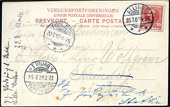 10 øre Fr. VIII på brevkort (Hammershus) stemplet Allinge d. 20.7.1907 til Schöneberg b. Berlin, Tyskland - eftersendt til Podejuch.