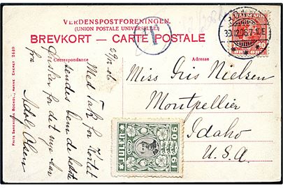 10 øre Chr. IX og Julemærke 1906 på brevkort fra Rønne d. 30.12.1906 til Montpellier, Idaho, USA. Udtakseret i porto med sort T-stempel og påskrevet 12½ ctr..