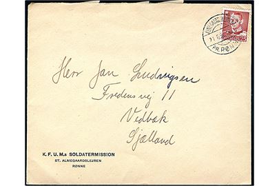 25 øre Fr. IX på fortrykt kuvert fra KFUMs Soldatermission St. Almegaardslejren annulleret med pr.-stempel Almegaardslejren pr. Rønne d. 21.6.1956 til Vedbæk.