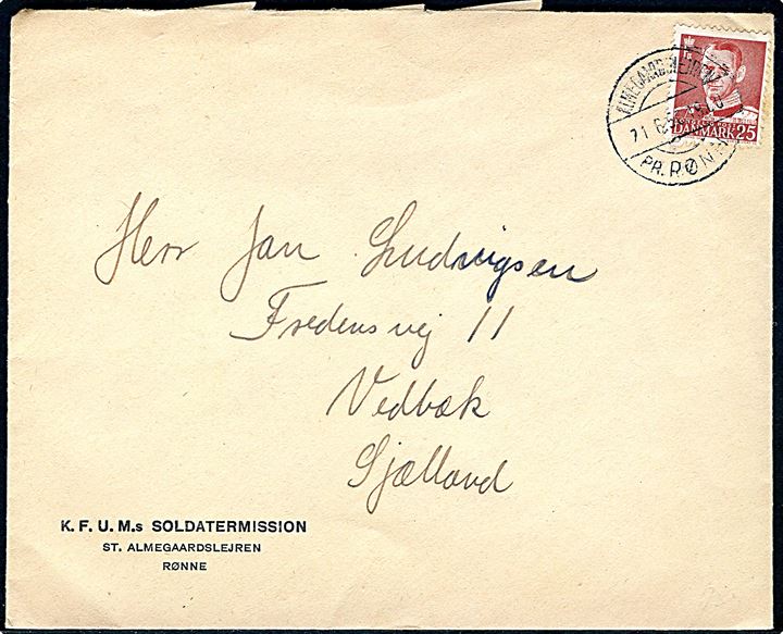 25 øre Fr. IX på fortrykt kuvert fra KFUMs Soldatermission St. Almegaardslejren annulleret med pr.-stempel Almegaardslejren pr. Rønne d. 21.6.1956 til Vedbæk.