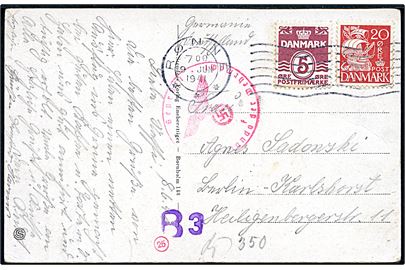 5 øre Bølgelinie og 20 øre Karavel på brevkort fra Rønne d. 9.6.1941 til Berlin, Tyskland. Tysk censur fra Hamburg.