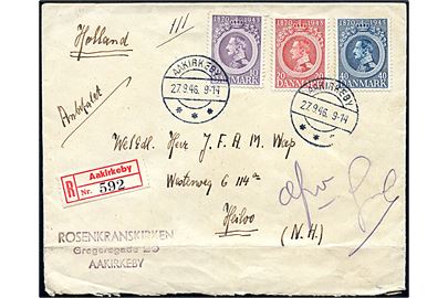 Komplet sæt Chr. X 75 år på anbefalet brev fra Aakirkeby d. 27.9.1946 til Heiloo, Holland. Vandret fold i bunden.