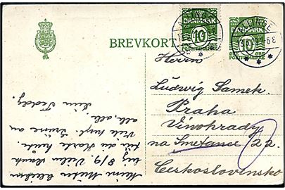 10 øre helsagsbrevkort (fabr. 94-H) opfrankeret med 10 øre Bølgelinie annulleret med brotype IIb Allinge d. 13.5.1929 til Prag, Tjekkoslovakiet.