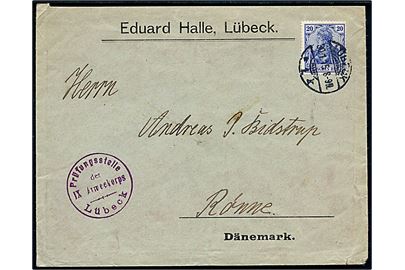 20 pfg. Germania på brev fra Lübeck d. 30.1.1915 til Rønne, Danmark. Violet censurstempel: Prüfungsstelle der IX Armeekorps Lübeck.