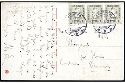 5 aur Jochumsson i vandret 3-stribe på brevkort (Parti fra Akureyri) stemplet Akureyri d. 6.8.1937 til Hasle på Bornholm, Danmark.