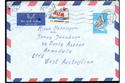 3,80 kr. FN's Kvinde-tiår og Julemærke 1985 på luftpostbrev fra Kolding d. 9.12.1985 til Armadale, Western Australia, Australien.