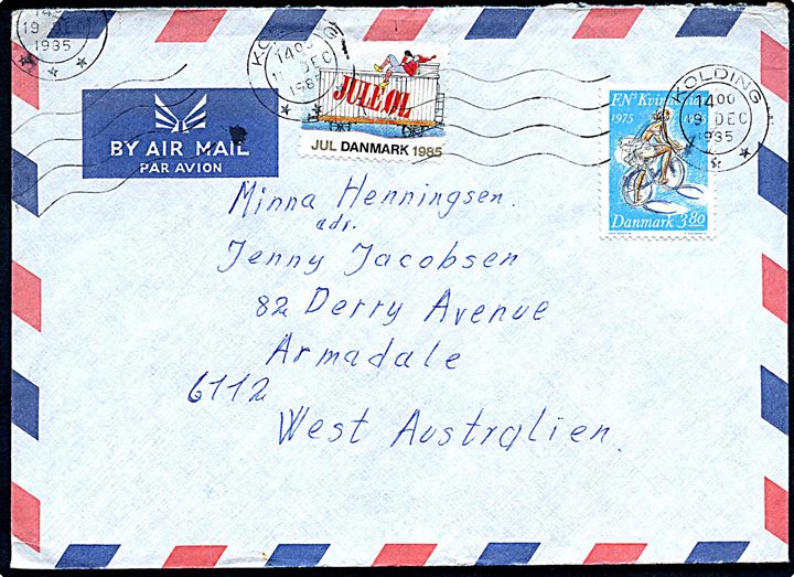 3,80 kr. FN's Kvinde-tiår og Julemærke 1985 på luftpostbrev fra Kolding d. 9.12.1985 til Armadale, Western Australia, Australien.