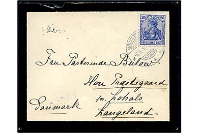 20 pfg. Germania på sørgekuvert annulleret Mögeltondern *** d. 6.6.1910 via Ribe og Lohals til Hou Præstegaard pr. Lohals, Langeland, Danmark.
