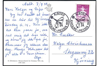 35 øre Ballet på brevkort annulleret med særstempel Ålborg Karoline-Messen 1959 d. 7.7.1959 til Hjørring.