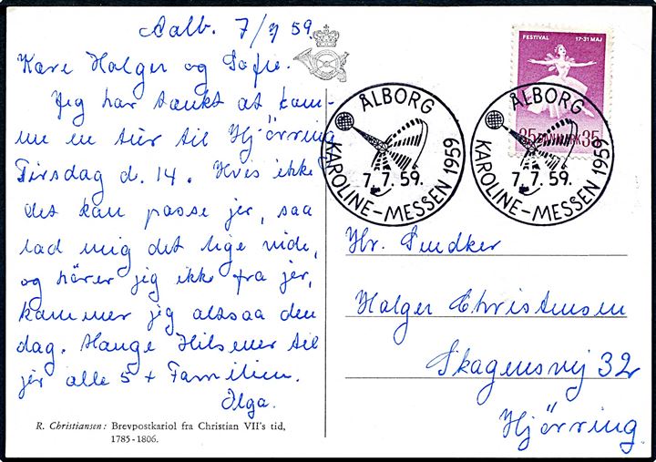 35 øre Ballet på brevkort annulleret med særstempel Ålborg Karoline-Messen 1959 d. 7.7.1959 til Hjørring.