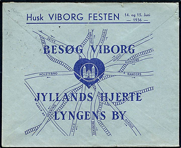 15 øre H. C. Andersen på illustreret firmakuvert fra Viborg Stifts Folkeblad stemplet Viborg d. 19.6.1936 til Hjørring.