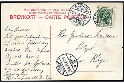 5 øre Chr. IX på brevkort (Aarhus, Pavillonen i Vennelyst) annulleret med stjernestempel HJORTSHØJ og sidestemplet bureau Aarhus - Grenaa T.1074 d. 29.3.1906 til Kjøge.