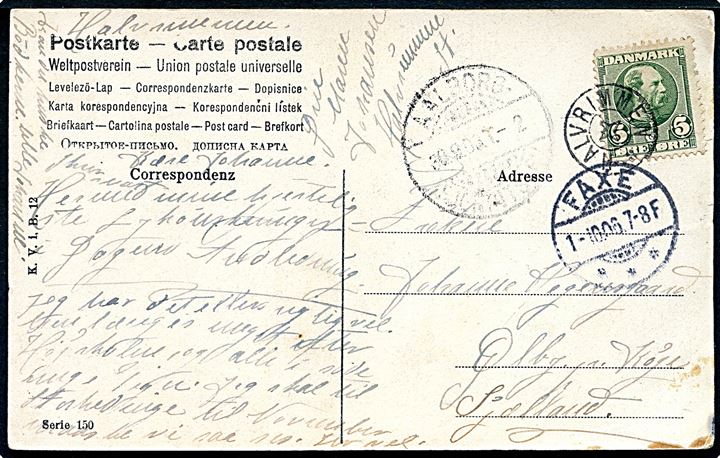 5 øre Chr. IX på brevkort annulleret med stjernestempel HALVRIMMEN og sidestemplet med svagt bureaustempel Aalborg - Fjerritslev T.2 d. 30.9.1906 via Faxe til Ølby pr. Køge. 