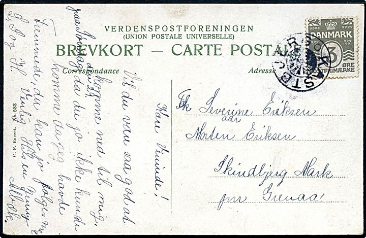3 øre Bølgelinie på lokalt brevkort annulleret med stjernestempel KASTBJERG til Skindbjerg Mark pr. Grenaa.