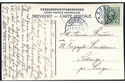 5 øre Fr. VIII på brevkort (Magleby kirke) annulleret med stjernestempel SØNDENBRO og sidestemplet Humble d. 7.2.1911 til Sødinge pr. Ringe.