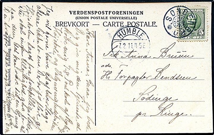 5 øre Fr. VIII på brevkort (Magleby kirke) annulleret med stjernestempel SØNDENBRO og sidestemplet Humble d. 7.2.1911 til Sødinge pr. Ringe.