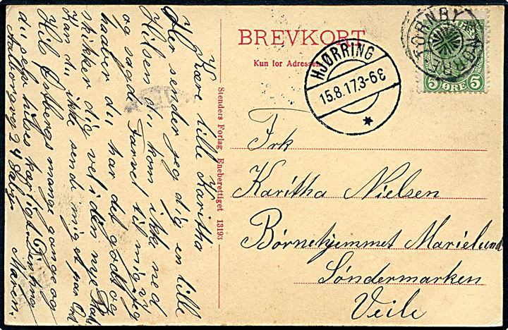 5 øre Chr. X på brevkort annulleret med stjernestempel NØRRE-TORNBY og sidestemplet Hjørring d. 15.8.1917 til Vejle.