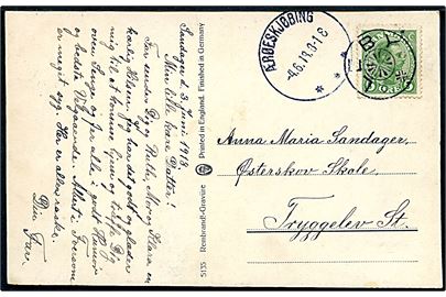 5 øre Chr. X på brevkort annulleret med stjernestempel LEBY og sidestemplet Ærøeskjøbing d. 4.6.1918 til Tryggelev St.