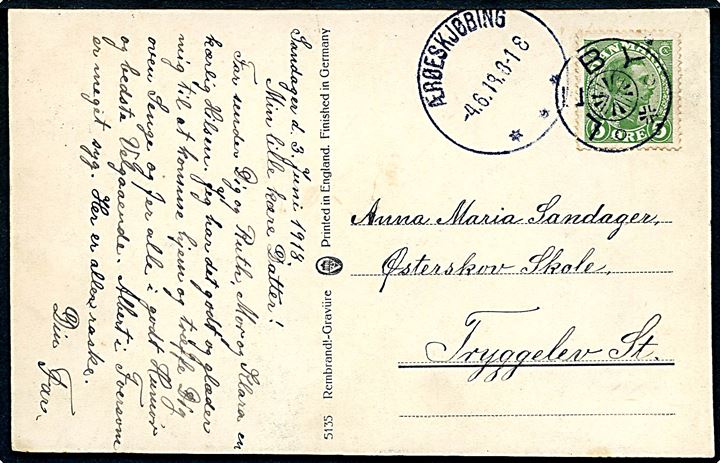 5 øre Chr. X på brevkort annulleret med stjernestempel LEBY og sidestemplet Ærøeskjøbing d. 4.6.1918 til Tryggelev St.