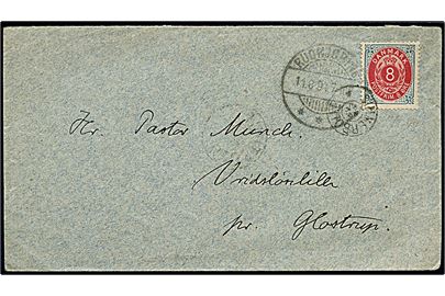 8 øre Tofarvet omv. rm. på brev annulleret med stjernestempel SIMMERBØLLE og sidestemplet Rudkjøbing d. 11.8.1894 til Vridsløselille pr. Glostrup.