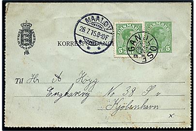 5 øre Chr. X helsags korrespondancekort opfrankeret med 5 øre Chr. X annulleret med stjernestempel GANDLØSE og sidestemplet Maaløv d. 26.7.1915 til Kjøbenhavn.