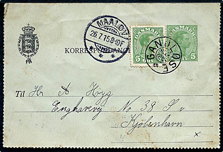 5 øre Chr. X helsags korrespondancekort opfrankeret med 5 øre Chr. X annulleret med stjernestempel GANDLØSE og sidestemplet Maaløv d. 26.7.1915 til Kjøbenhavn.