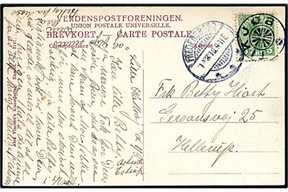 5 øre Chr. X på brevkort annulleret med stjernestempel TIKJØB og sidestemplet Fredensborg d. 1.3.1918 til Hellerup.