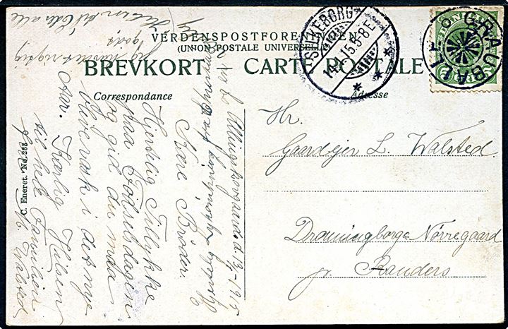 5 øre Chr. X på brevkort annulleret med stjernestempel GRAUBALLE og sidestemplet Silkeborg d. 14.1.1915 til Randers.
