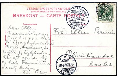 5 øre Chr. IX på brevkort (Søborghus Kro) annulleret med stjernestempel EMDRUP og sidestemplet bureau Kjøbenhavn - Slangerup T.10 d. 3.8.1906 til Haslev.