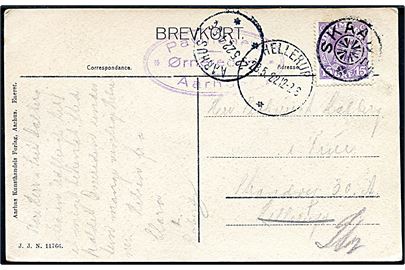 15 øre Chr. X på brevkort (Øreneredens Pavillon) annulleret med stjernestempel SKAADE og sidestemplet Aarhus d. 22.5.1922 til Hellerup. 