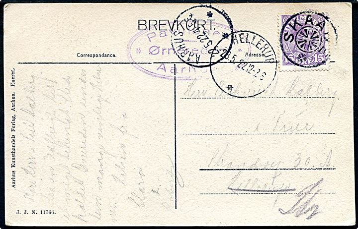 15 øre Chr. X på brevkort (Øreneredens Pavillon) annulleret med stjernestempel SKAADE og sidestemplet Aarhus d. 22.5.1922 til Hellerup. 