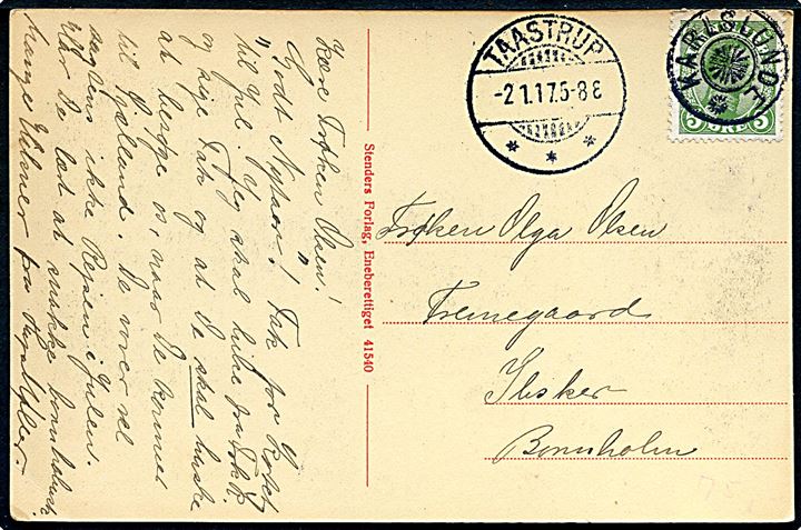 5 øre Chr. X på brevkort annulleret med stjernestempel KARLSLUNDE og sidestemplet Taastrup d. 2.1.19117 til Ibsker på Bornholm.