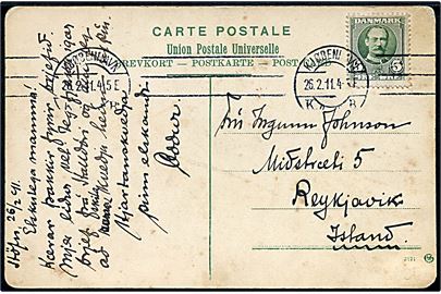 5 øre Fr. VIII på brevkort (Frederiksberg Allé med sporvogne) fra Kjøbenhavn d. 26.2.1911 til Reykjavik, Island.