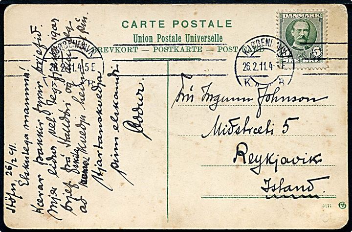 5 øre Fr. VIII på brevkort (Frederiksberg Allé med sporvogne) fra Kjøbenhavn d. 26.2.1911 til Reykjavik, Island.