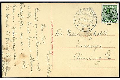5 øre Chr. X på brevkort (Vivild højskole) annulleret med stjernestempel VIVILD og sidestemplet Allingaabro d. 7.6.1916 til Auning St.