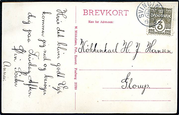 3 øre Bølgelinie på brevkort (Faaborg Realskole) sendt lokalt med stjernestempel SVINDINGE F. til Glorup.