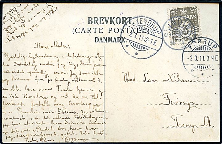 3 øre Bølgelinie på lokalt brevkort (Senor Marthinius - Frøimitator) annulleret med stjernestempel SVINDINGE F. og sidestemplet Øxendrup d. 2.3.11911 til Frørup.