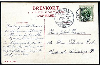 5 øre Fr. VIII på brevkort annulleret med stjernestempel FRØRUP og sidestemplet bureau Nyborg - Svendborg T.22 d. 7.11.1907 til Svindinge F.