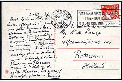 15 øre Karavel på brevkort annulleret med TMS København * OMK * /Post-Pakkeportoen nedsat i Nærtrafikken til 40 Øre indtil 5 Kg. d. 4.6.1933 til Rotterdam, Holland.
