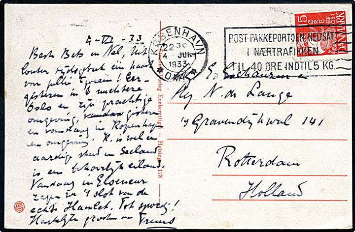 15 øre Karavel på brevkort annulleret med TMS København * OMK * /Post-Pakkeportoen nedsat i Nærtrafikken til 40 Øre indtil 5 Kg. d. 4.6.1933 til Rotterdam, Holland.