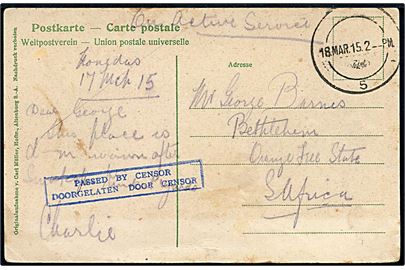 Ufrankeret feltpostkort (Klein Windhuk, D.S.W.A.) dateret Kongdas(?) d. 17.3.1915 med udslebet sydafrikansk feltpoststempel fra No. 5 Advanced Base Post Office i Walwis Bay d. 18.3.1915 til Bethleheim, Orange Free State, South Africa. Blåt 2-sproget censurstempel.